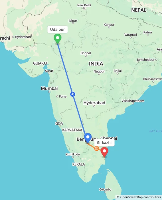 Route map showing distance and travel time from Udaipur, India to Sirkazhi, India