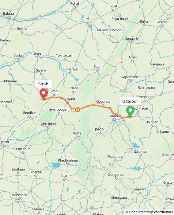 Route map showing distance and travel time from Udaipur, India to Sirohi, India