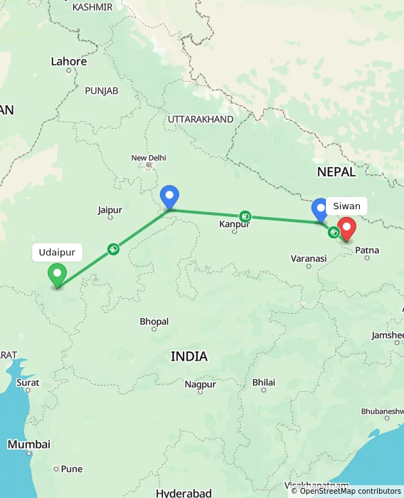 Route map showing distance and travel time from Udaipur, India to Siwan, India
