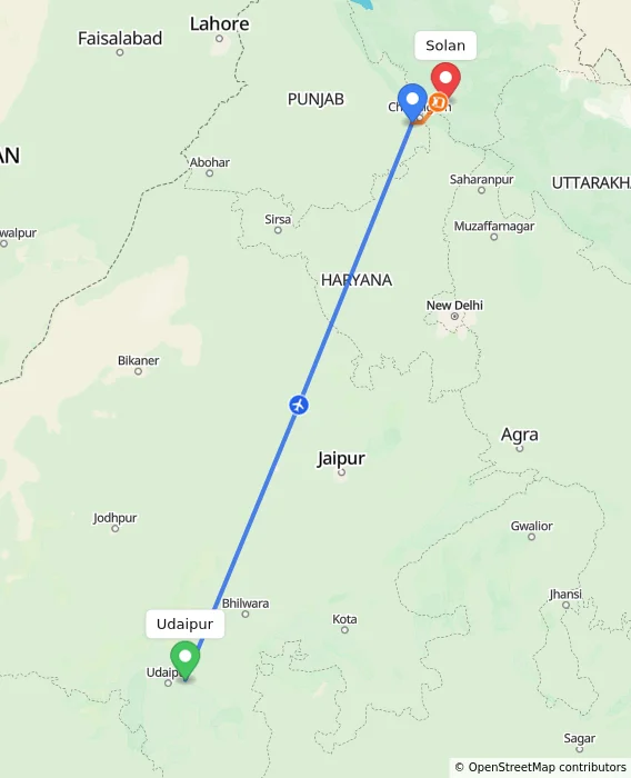 Route map showing distance and travel time from Udaipur, India to Solan, India