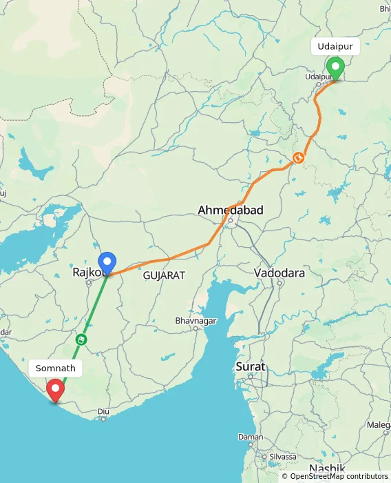 Route map showing distance and travel time from Udaipur, India to Somnath, India