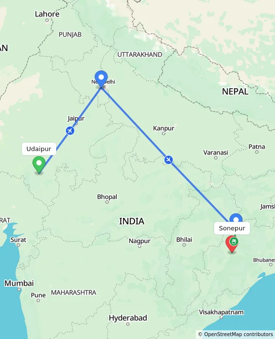 Route map showing distance and travel time from Udaipur, India to Sonepur, India