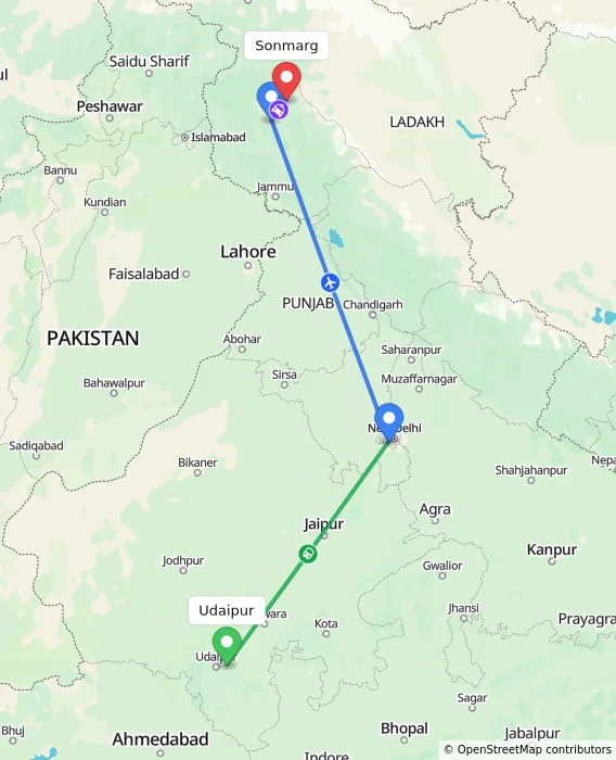 Route map showing distance and travel time from Udaipur, India to Sonmarg, India