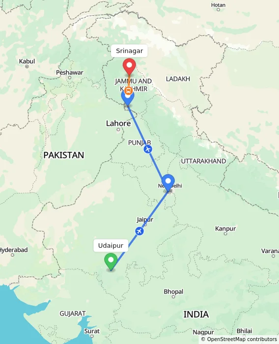 Route map showing distance and travel time from Udaipur, India to Srinagar, India