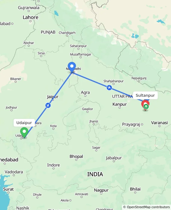 Route map showing distance and travel time from Udaipur, India to Sultanpur, India
