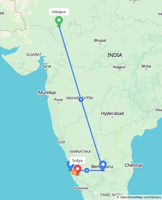 Route map showing distance and travel time from Udaipur, India to Sulya, India