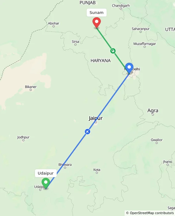 Route map showing distance and travel time from Udaipur, India to Sunam, India