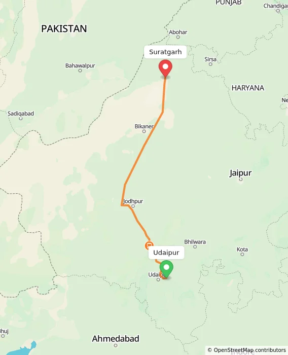 Route map showing distance and travel time from Udaipur, India to Suratgarh, India