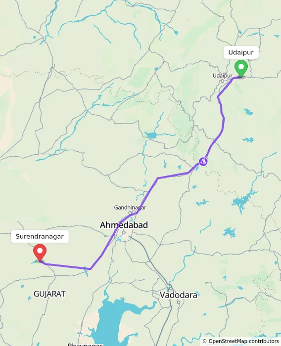 Route map showing distance and travel time from Udaipur, India to Surendranagar, India