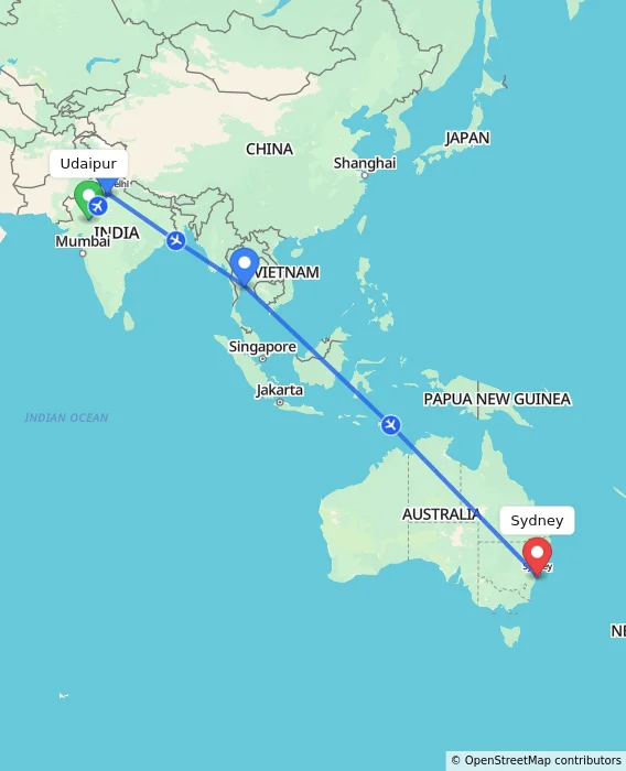 Route map showing distance and travel time from Udaipur, India to Sydney, Australia