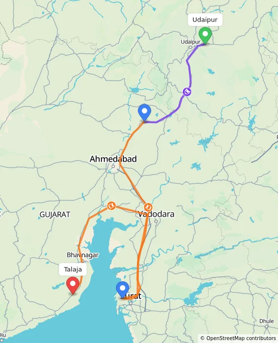 Route map showing distance and travel time from Udaipur, India to Talaja, India