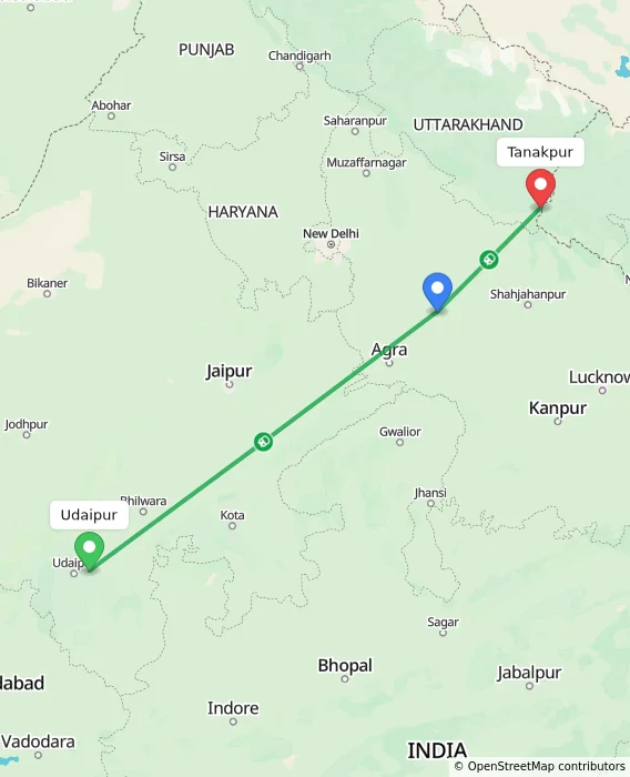 Route map showing distance and travel time from Udaipur, India to Tanakpur, India