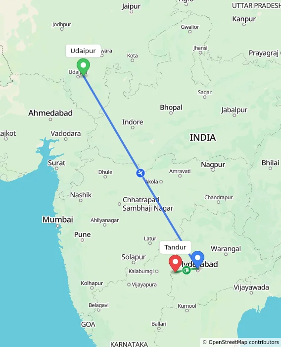 Route map showing distance and travel time from Udaipur, India to Tandur, India