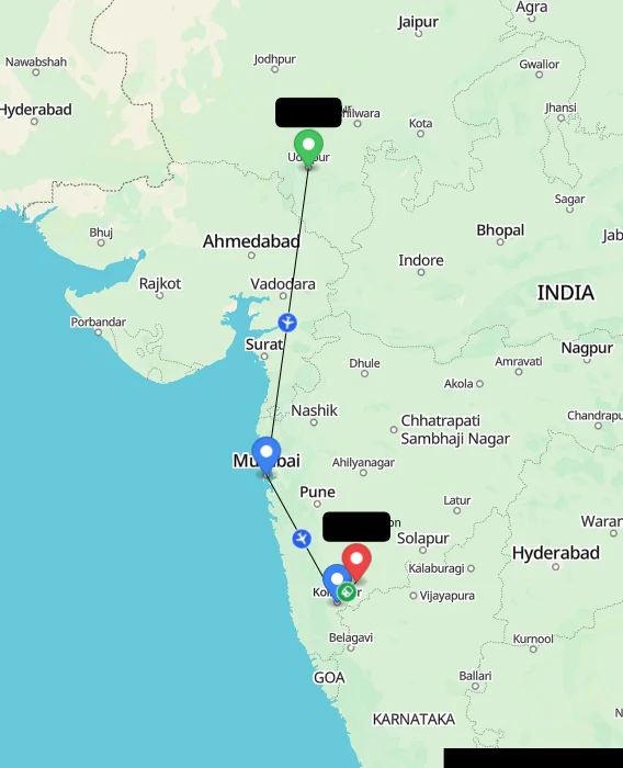 Route map showing distance and travel time from Udaipur, India to Tasgaon, India