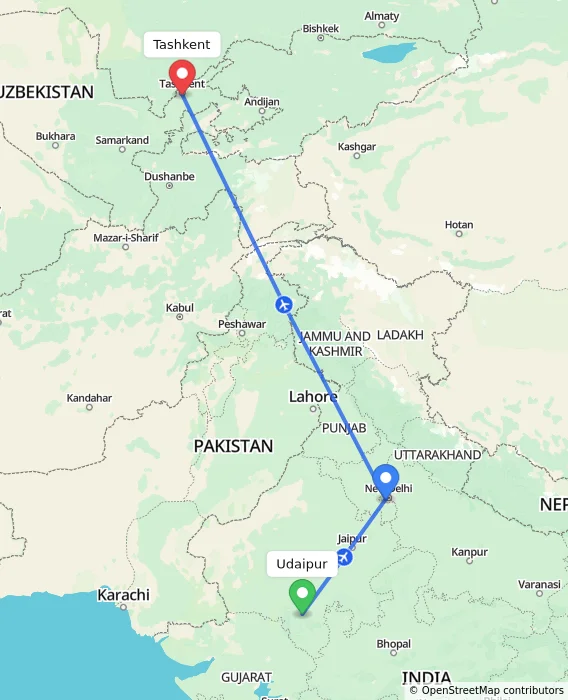 Route map showing distance and travel time from Udaipur, India to Tashkent, Uzbekistan