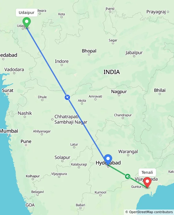 Route map showing distance and travel time from Udaipur, India to Tenali, India