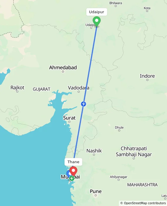 Route map showing distance and travel time from Udaipur, India to Thane, India