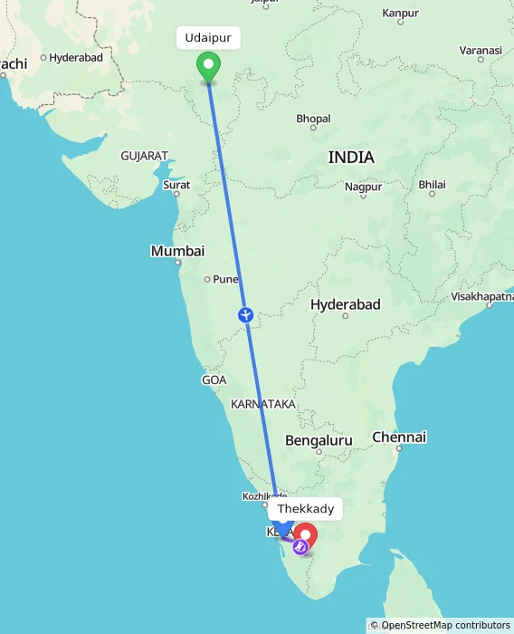 Route map showing distance and travel time from Udaipur, India to Thekkady, India