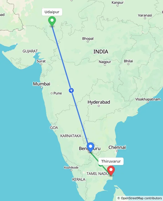 Route map showing distance and travel time from Udaipur, India to Thiruvarur, India