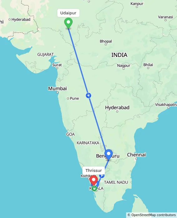 Route map showing distance and travel time from Udaipur, India to Thrissur, India