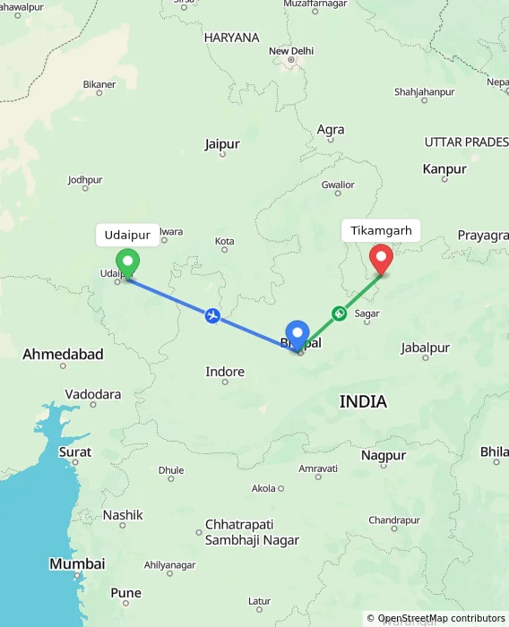 Route map showing distance and travel time from Udaipur, India to Tikamgarh, India