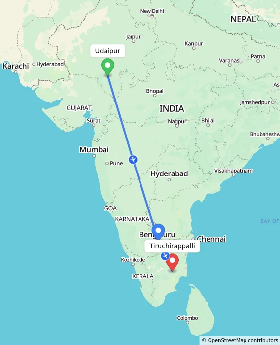 Route map showing distance and travel time from Udaipur, India to Tiruchirappalli, India