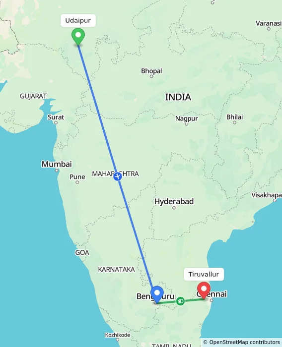 Route map showing distance and travel time from Udaipur, India to Tiruvallur, India