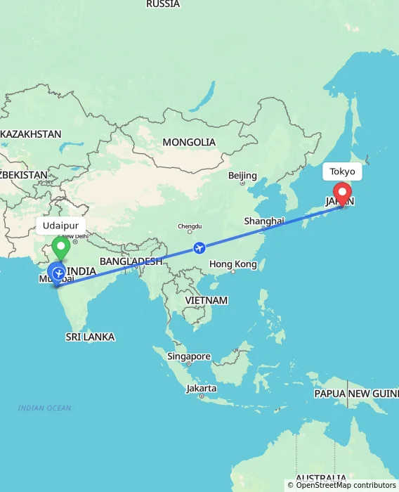 Route map showing distance and travel time from Udaipur, India to Tokyo, Japan