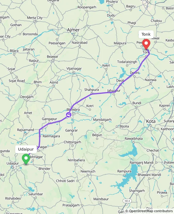 Route map showing distance and travel time from Udaipur, India to Tonk, India