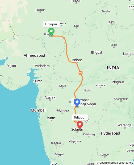 Route map showing distance and travel time from Udaipur, India to Tuljapur, India