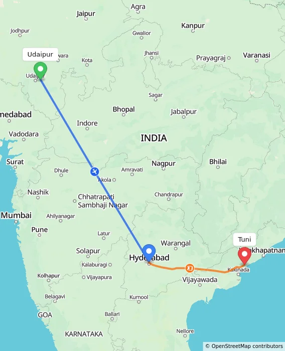 Route map showing distance and travel time from Udaipur, India to Tuni, India