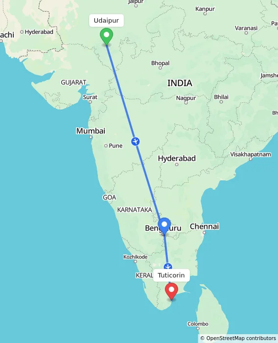Route map showing distance and travel time from Udaipur, India to Tuticorin, India
