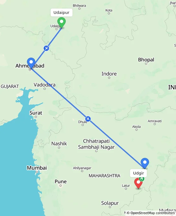 Route map showing distance and travel time from Udaipur, India to Udgir, India