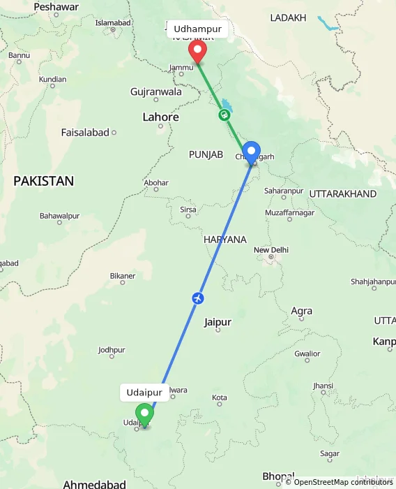 Route map showing distance and travel time from Udaipur, India to Udhampur, India