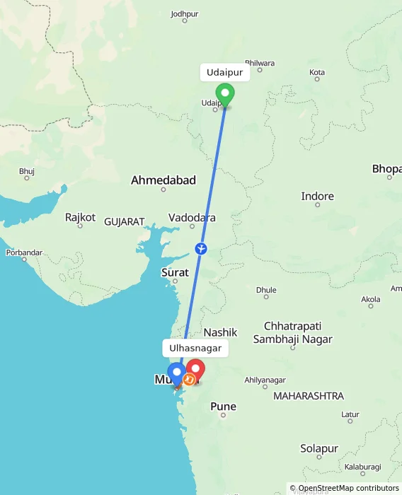 Route map showing distance and travel time from Udaipur, India to Ulhasnagar, India