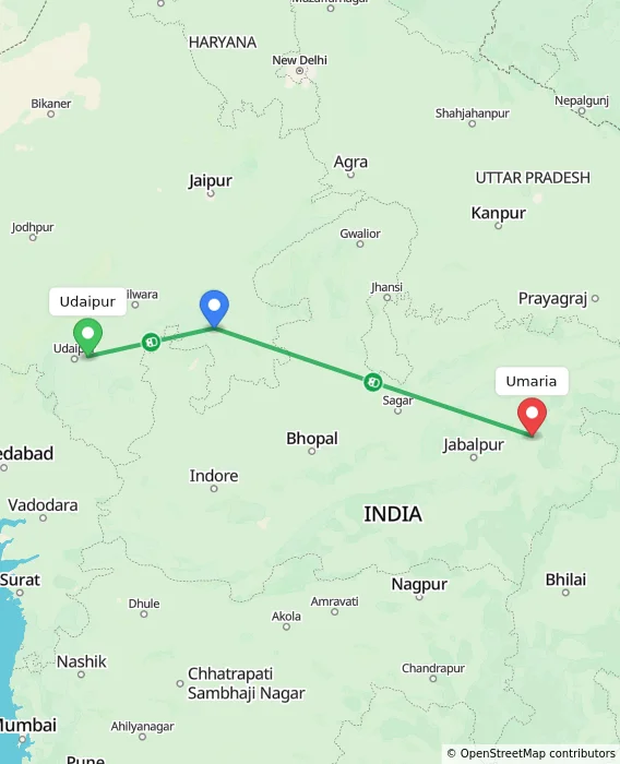 Route map showing distance and travel time from Udaipur, India to Umaria, India