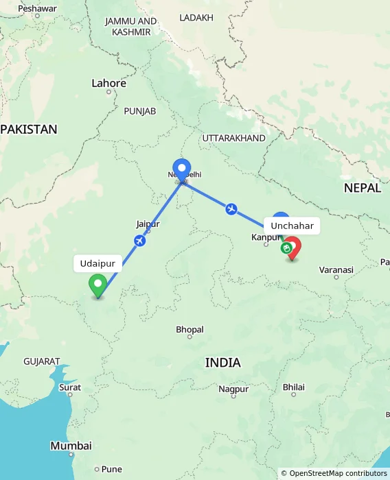 Route map showing distance and travel time from Udaipur, India to Unchahar, India