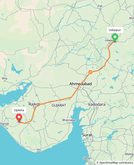 Route map showing distance and travel time from Udaipur, India to Upleta, India