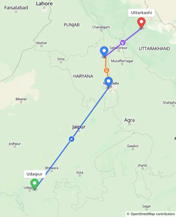 Route map showing distance and travel time from Udaipur, India to Uttarkashi, India