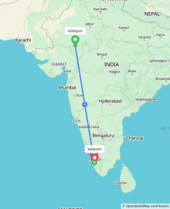Route map showing distance and travel time from Udaipur, India to Vaikom, India