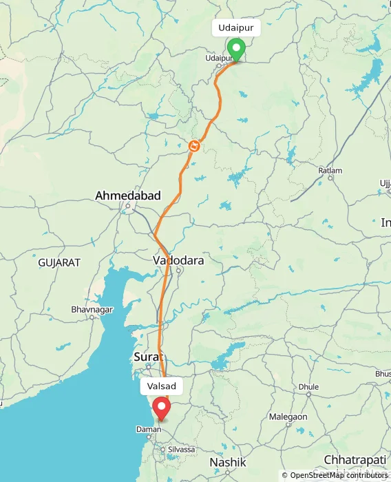 Route map showing distance and travel time from Udaipur, India to Valsad, India