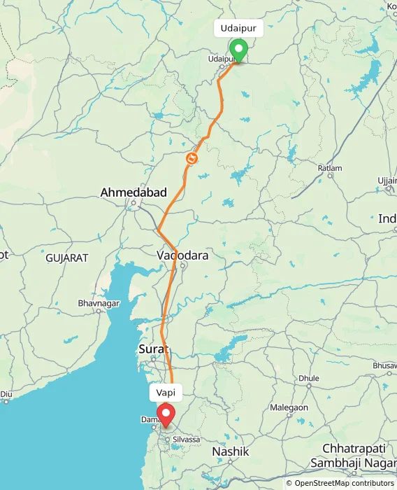 Route map showing distance and travel time from Udaipur, India to Vapi, India