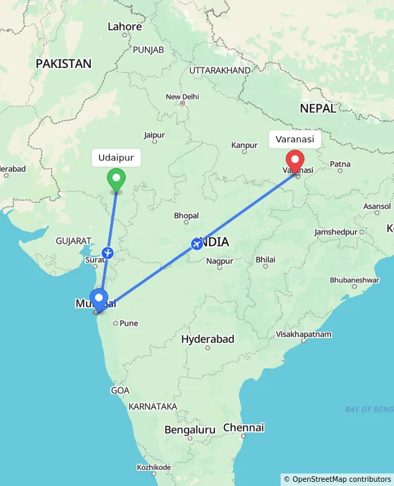 Route map showing distance and travel time from Udaipur, India to Varanasi, India