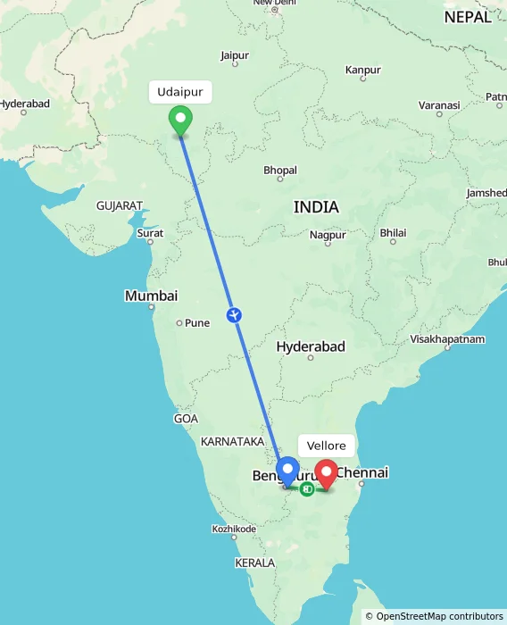 Route map showing distance and travel time from Udaipur, India to Vellore, India