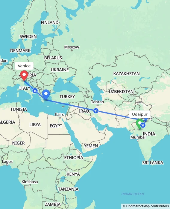Route map showing distance and travel time from Udaipur, India to Venice, Italy