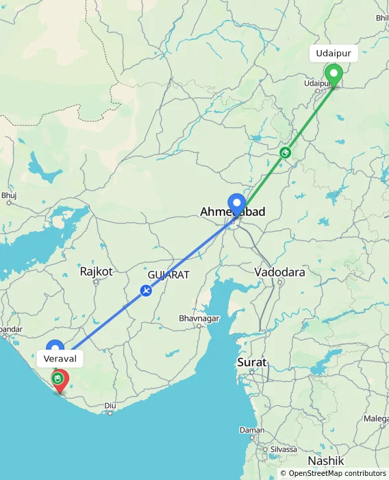 Route map showing distance and travel time from Udaipur, India to Veraval, India