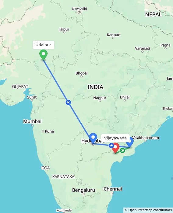 Route map showing distance and travel time from Udaipur, India to Vijayawada, India