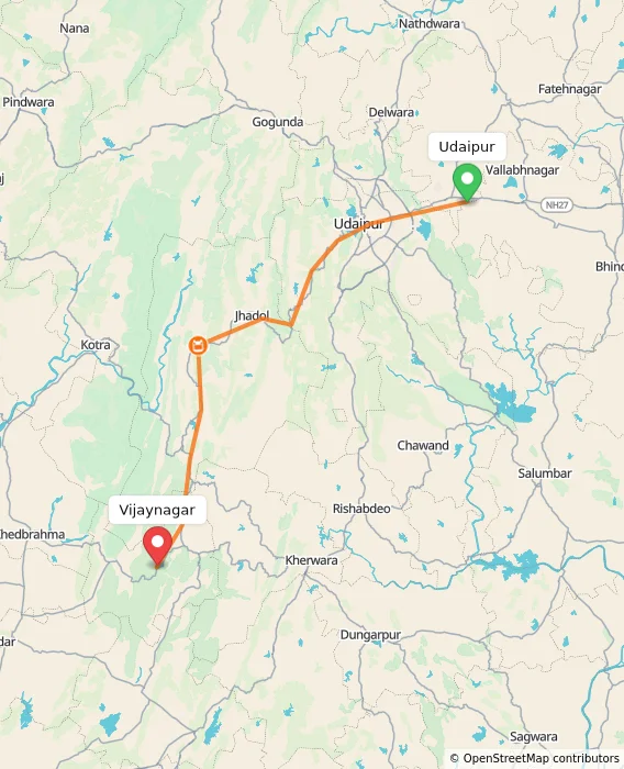 Route map showing distance and travel time from Udaipur, India to Vijaynagar, India