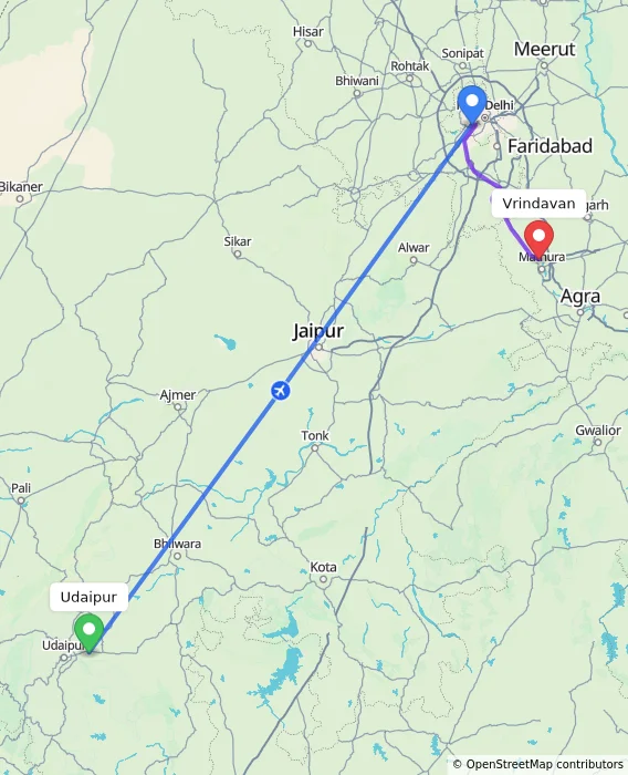 Route map showing distance and travel time from Udaipur, India to Vrindavan, India