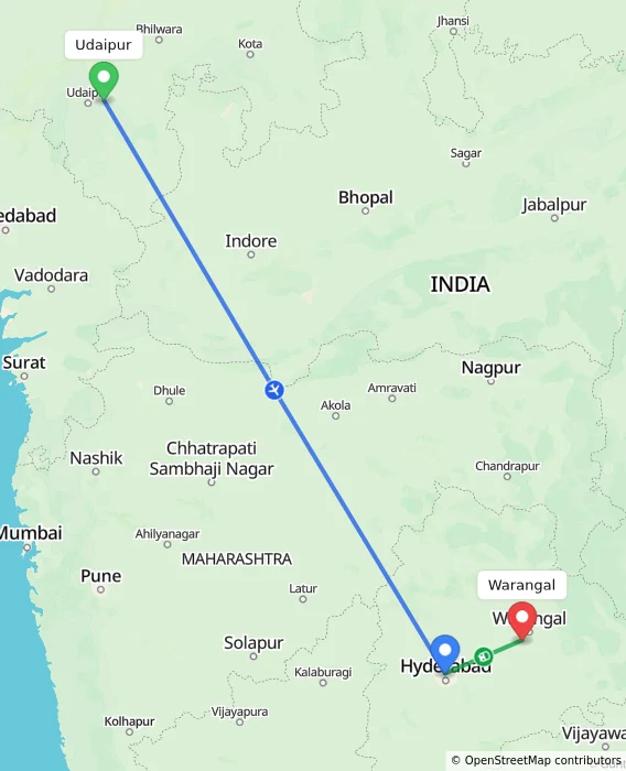 Route map showing distance and travel time from Udaipur, India to Warangal, India